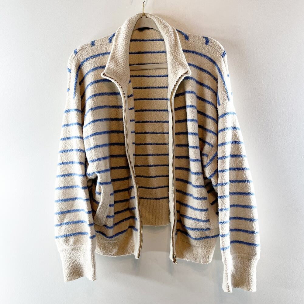 J. Crew Striped Long Sleeve Zip-Up Cotton-Blend Bouclé Sweater Cream Blue 2X - Picture 2 of 5